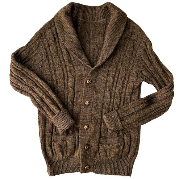 Vintage Chunky Cable Knit Shawl Collar Grunge Cardigan Rustic Brown Wool MED - Picture 1 of 10